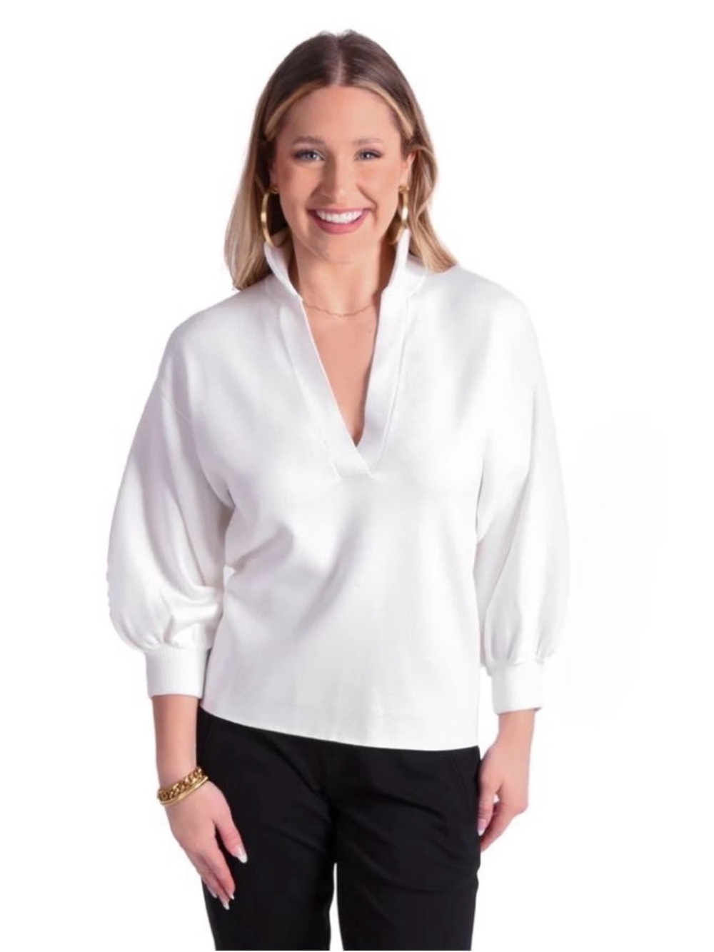 Emily McCarthy white collared popover balloon sleeve sweater, size M